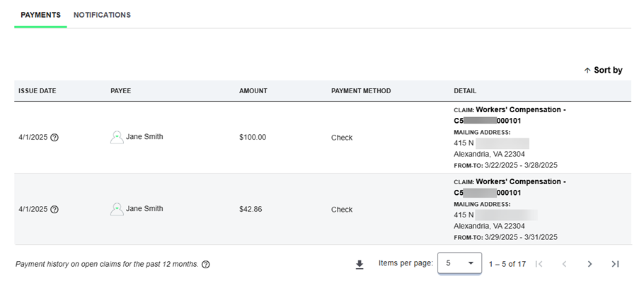 Screenshot of the last portion of the My claims section, depicting the Payments and Notifications tabs with the Payments tab selected.