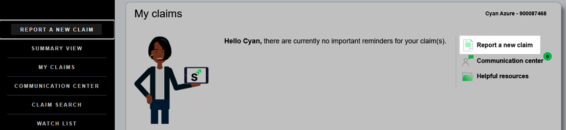 Report a New Claim links available from the main navigation menu and the My claims page.
